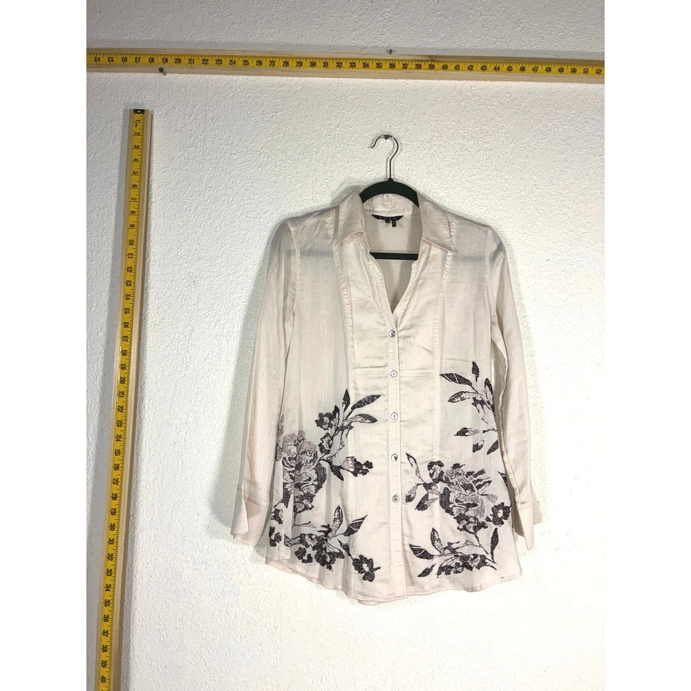 ZOZO Women Cream Floral Cotton Button Down Blouse Long Sleeve Shirt Size Small